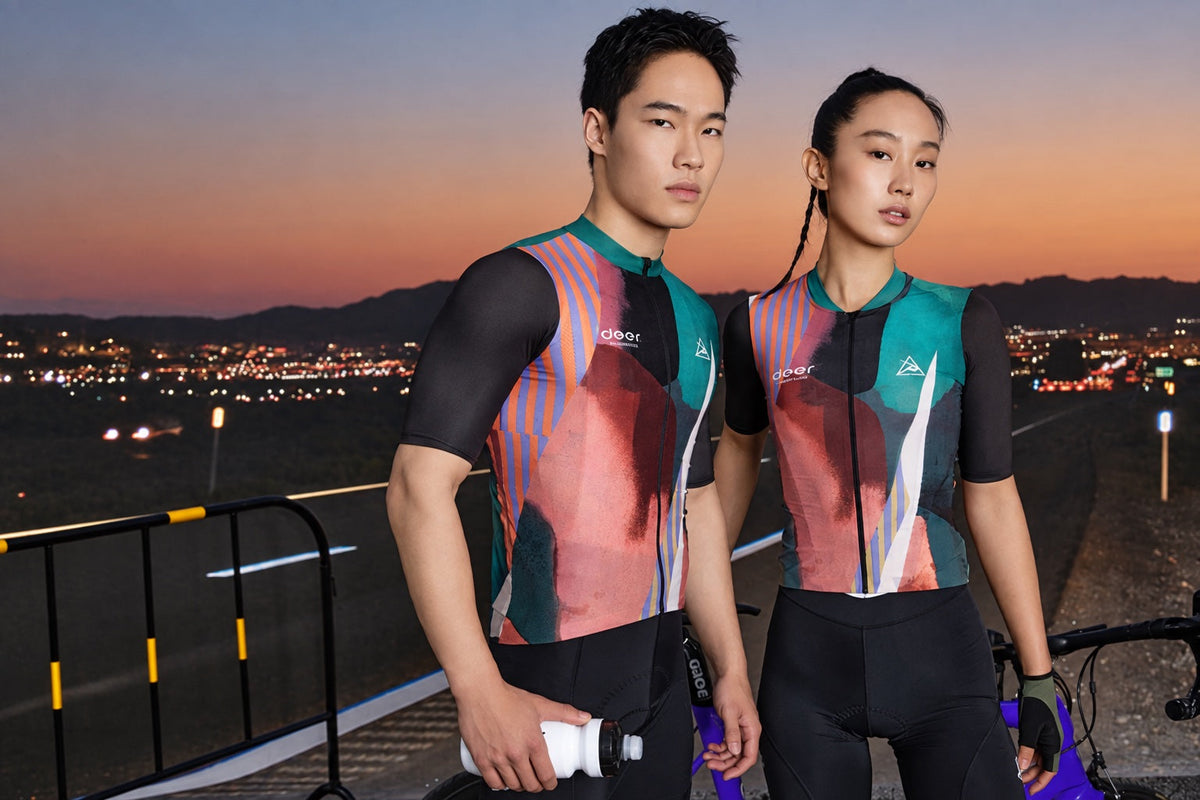 DEER geometric jersey designs shown on two riders.