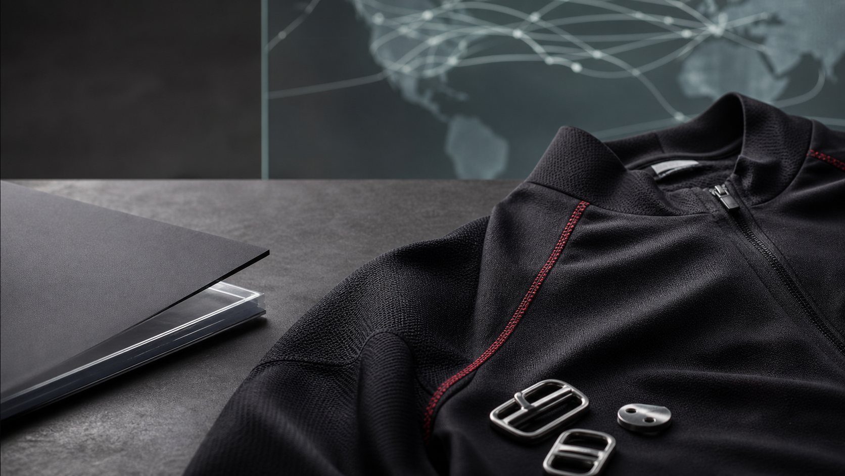 Cycling apparel fabrics, product samples and international brand project documents in a precision industrial workspace