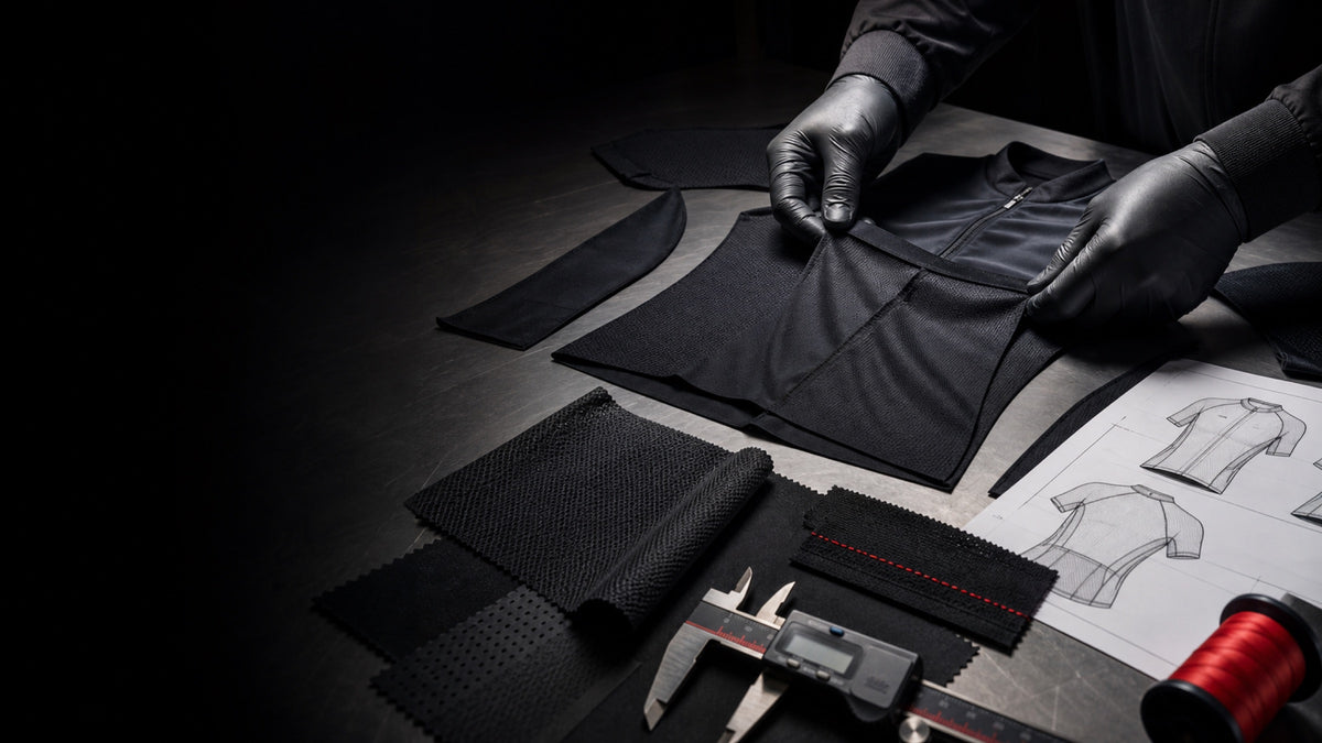 Illustrative technical brief review with cycling garment pattern parts and material samples