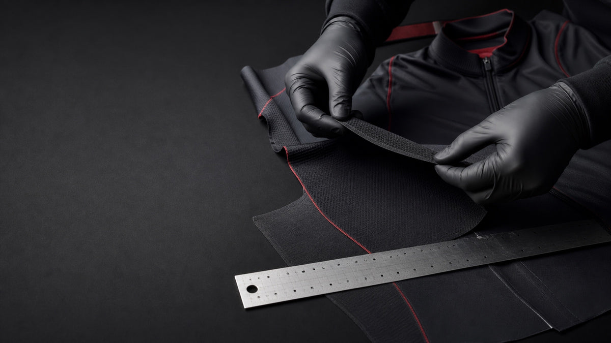 Illustrative technical cycling apparel artwork review workbench with fabric, stitch and measurement references