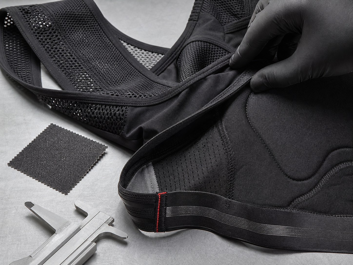 Illustrative macro inspection of bib strap mesh, chamois edge, binding, and gripper construction