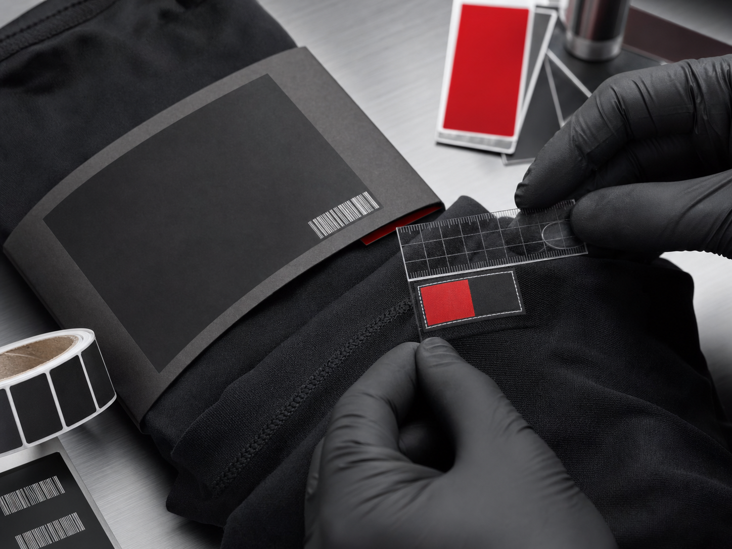 Illustrative macro inspection of label scale, color reference, packing band, and barcode placement