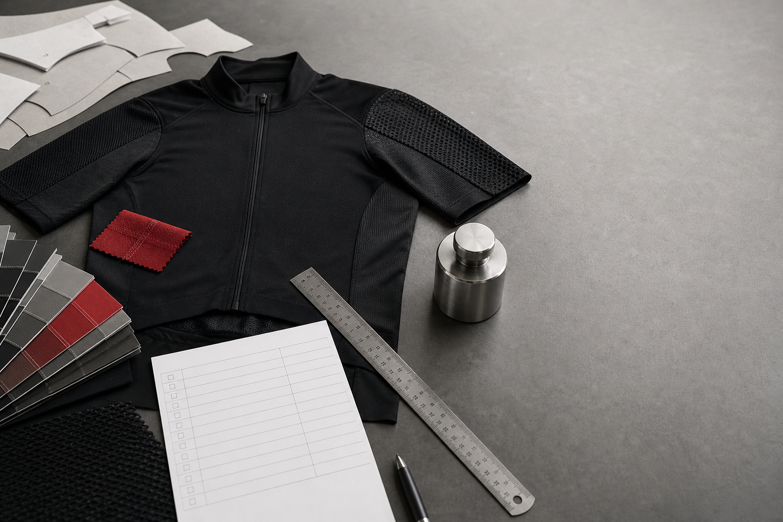 Illustrative cycling apparel approval workbench with swatches and pattern components