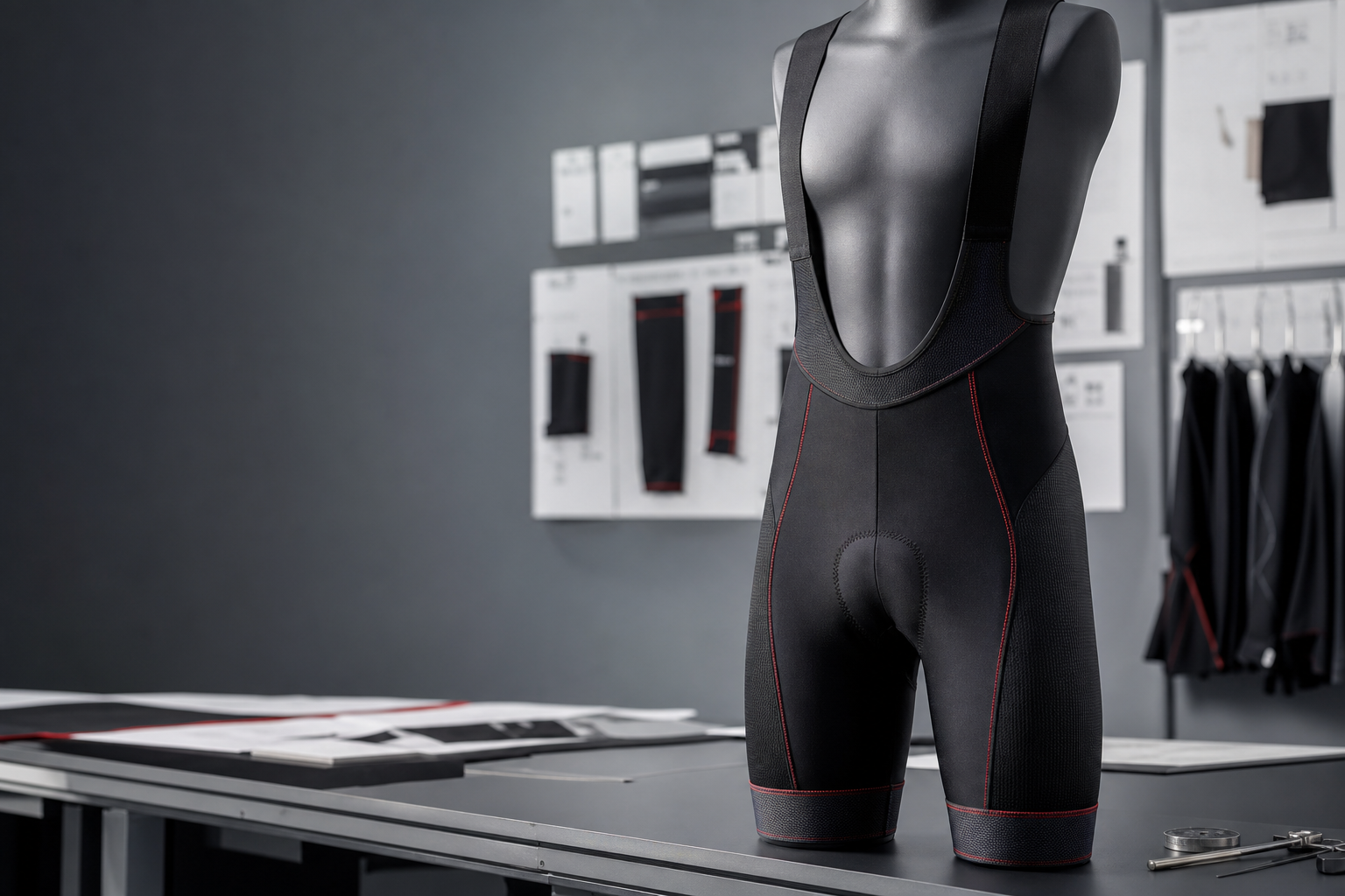 Illustrative black cycling bib shorts prepared for product review