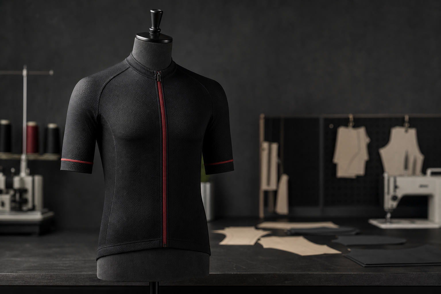 Illustrative black cycling jersey on an industrial product-development form